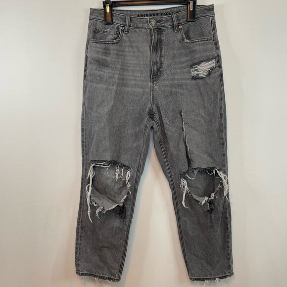 American Eagle Grey Mom Jeans 12S Womens High Rise Distressed Denim Casual - Picture 1 of 7